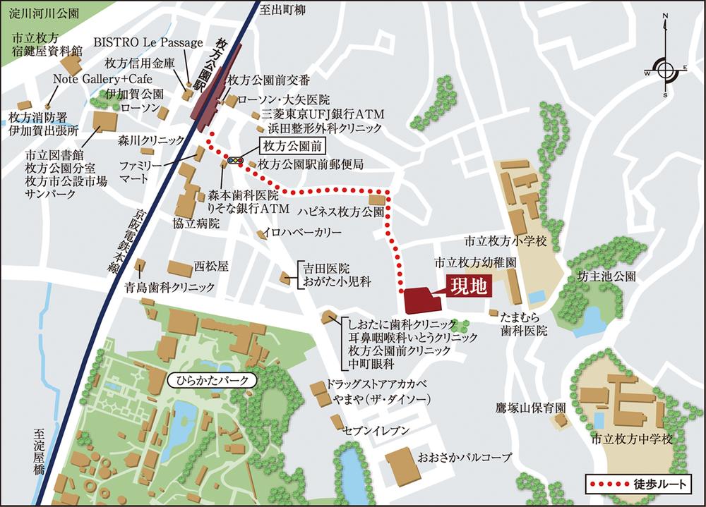 Local guide map. Keihan "Hirakatakoen" location from the train station within walking distance of the 6-minute walk