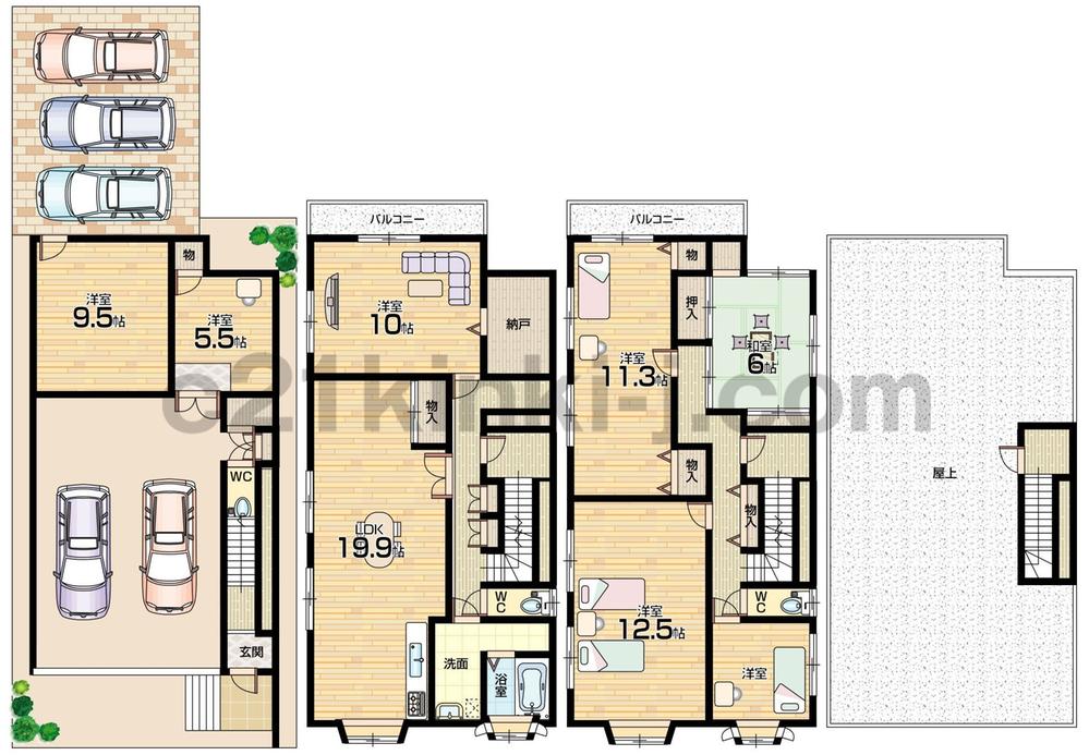 Floor plan. 34,800,000 yen, 5LDK + 3S (storeroom), Land area 146.53 sq m , Building area 255.13 sq m floor plan