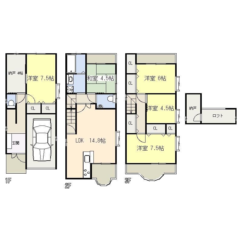 Floor plan. 5LDK + S + loft south, Lighting ventilation is good there veranda total of four faces to the north. Garage is with a shutter. 