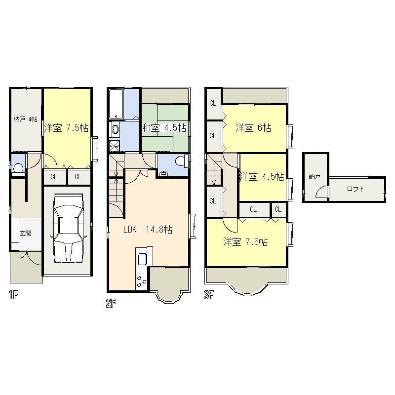 Floor plan. 5LDK + S + loft south, Lighting ventilation is good there veranda total of four faces to the north. Garage is with a shutter.