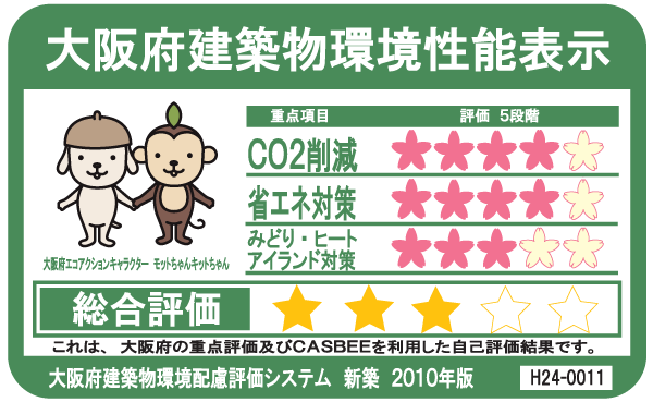 Building structure.  [CASBEE] In the building environment plan that building owners to submit to Osaka, And initiatives degree for important items such as the reduction of CO2 emissions, Overall it has been evaluated in five stages the environmental performance of buildings