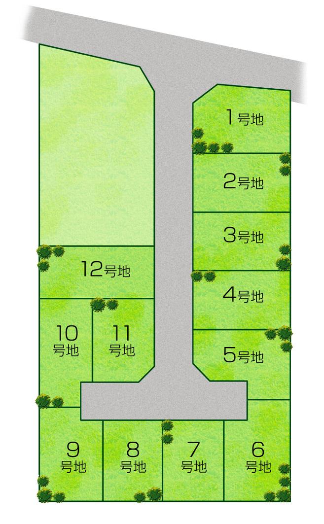 The entire compartment Figure. Total 12 compartments New city blocks to "Kaidashin town" was born! Land plan front road of 5m and clear. Since the shaping land of, It can be effectively used without waste Compartment Figure