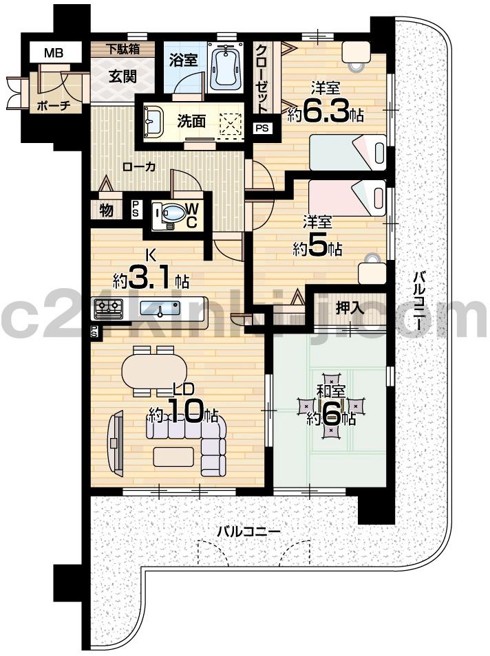 Floor plan. 3LDK, Price 15.5 million yen, Occupied area 70.38 sq m , Balcony area 27.15 sq m footprint 70.38 sq m ! Balcony spacious 27.15 sq m !