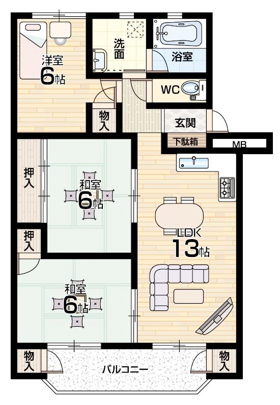 Floor plan. 3LDK, Price 8.8 million yen, Occupied area 66.38 sq m , Balcony area 9.18 sq m