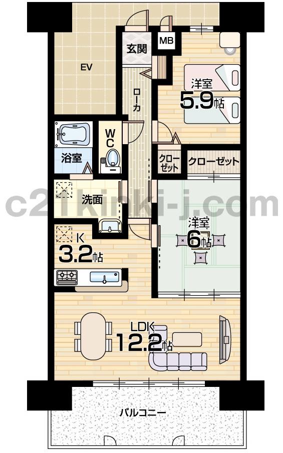 Floor plan. 2LDK, Price 8.2 million yen, Occupied area 61.37 sq m , Balcony area 10.54 sq m floor plan