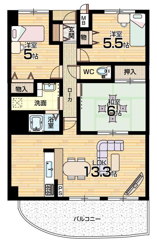 Floor plan. 3LDK, Price 17,980,000 yen, Occupied area 66.04 sq m , Balcony area 8.22 sq m