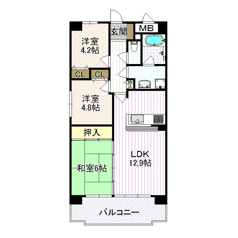 Floor plan. 3LDK, Price 12,980,000 yen, Occupied area 62.35 sq m , Balcony area 9 sq m