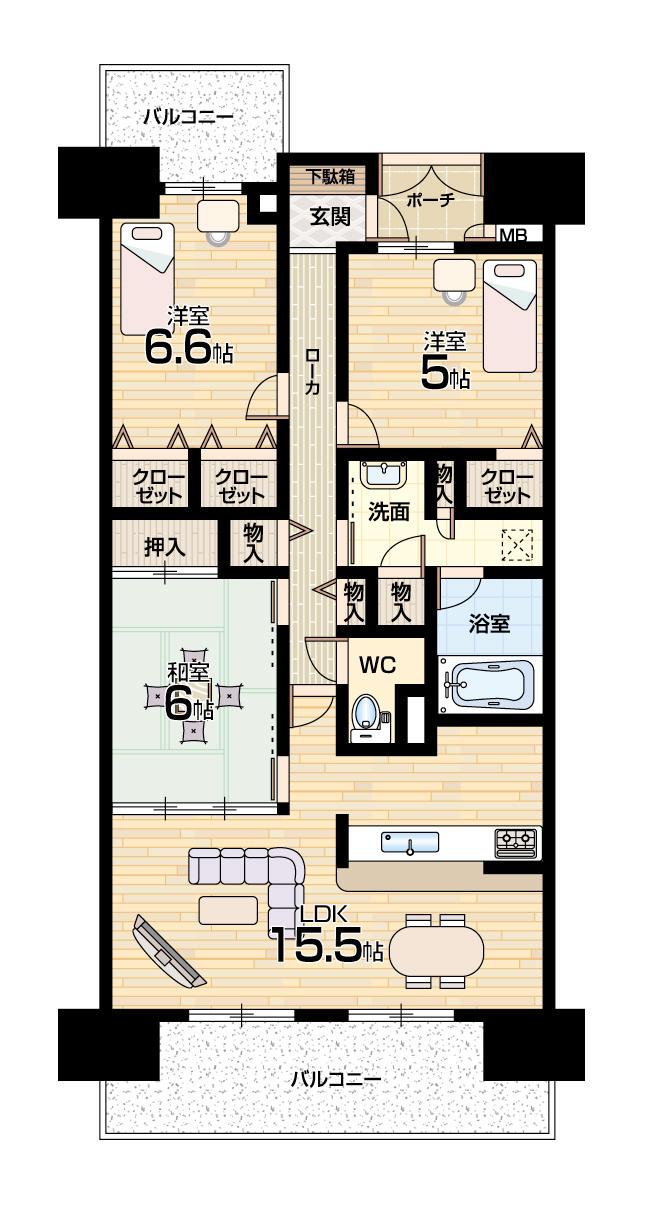 Floor plan. 3LDK, Price 19.3 million yen, Occupied area 75.08 sq m , Balcony area 17.45 sq m