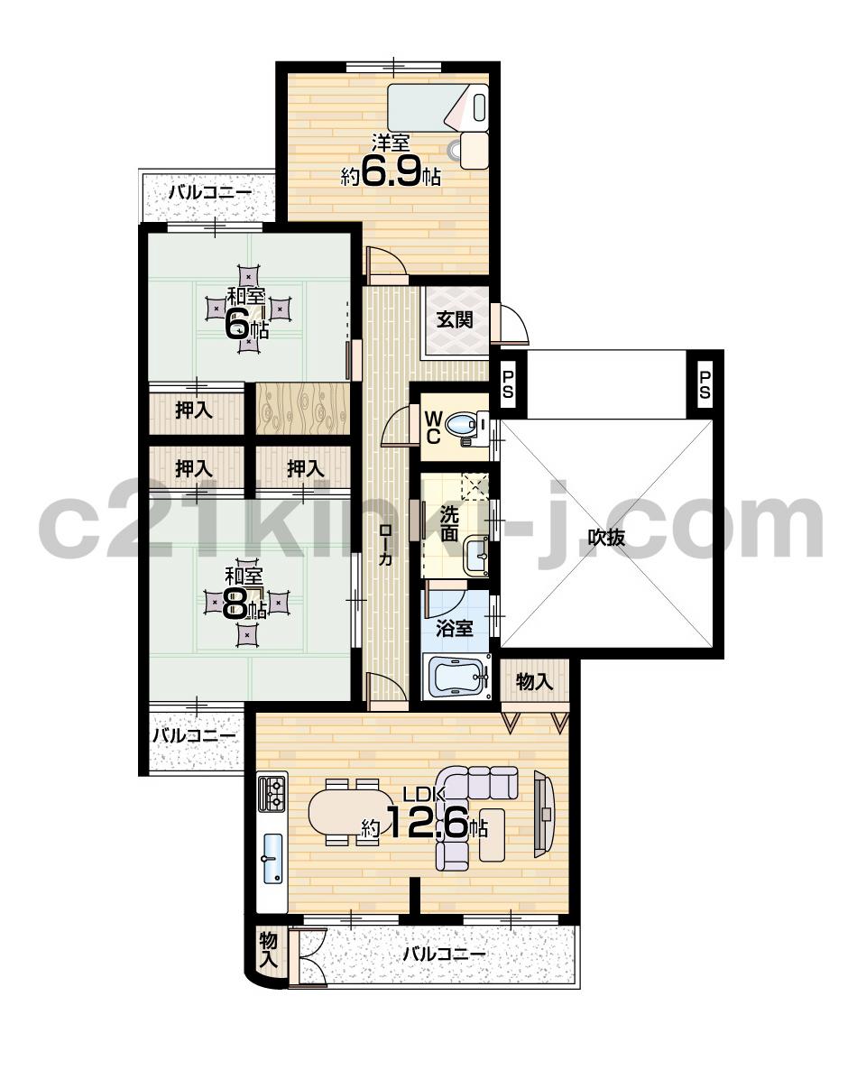Floor plan. 3LDK, Price 6.3 million yen, Occupied area 76.91 sq m , Balcony area 14.58 sq m