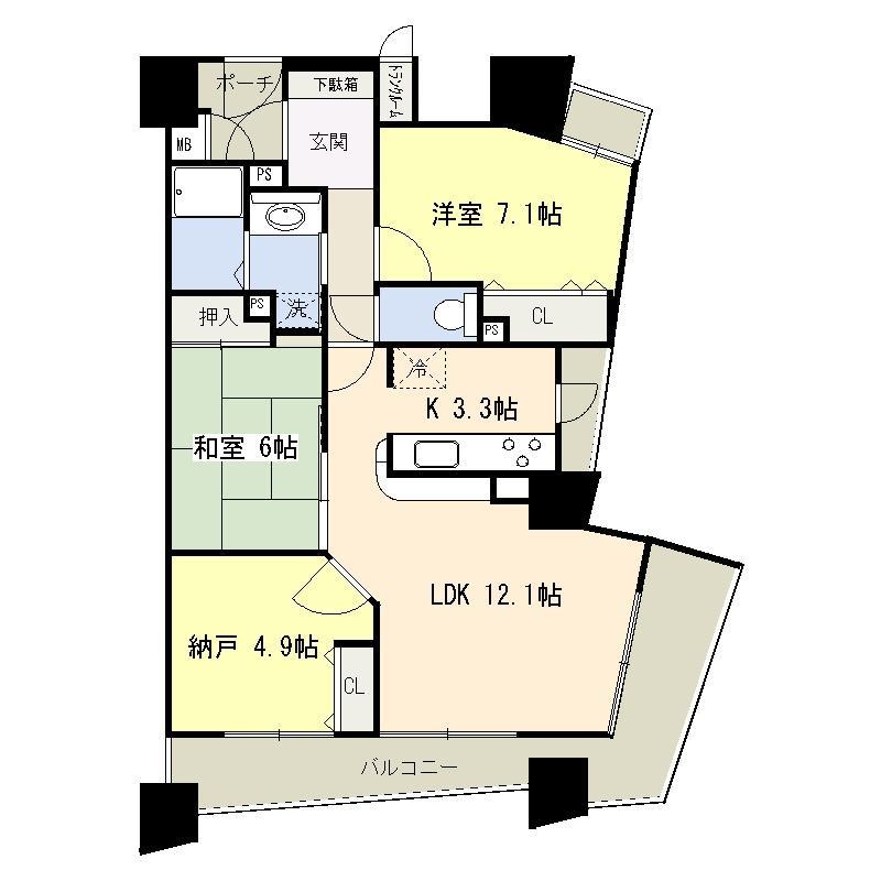 Floor plan. There is floor heating in the living room, The kitchen is equipped with a private balcony.