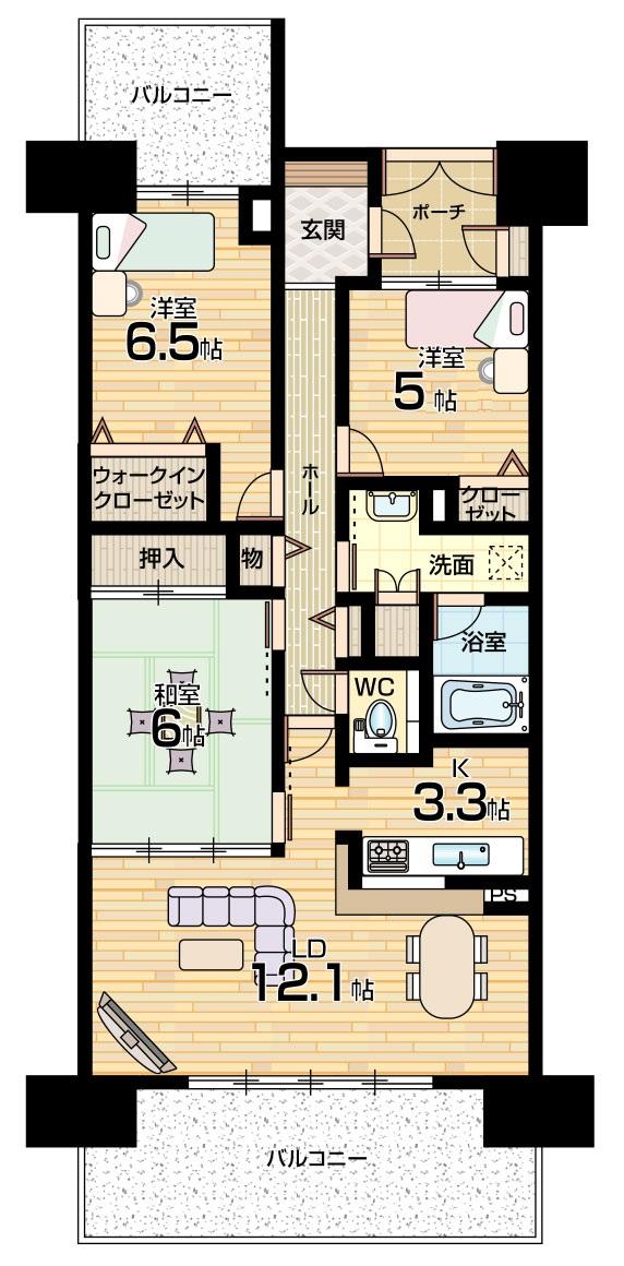Floor plan. 3LDK, Price 16.8 million yen, Occupied area 75.08 sq m , Balcony area 17.45 sq m