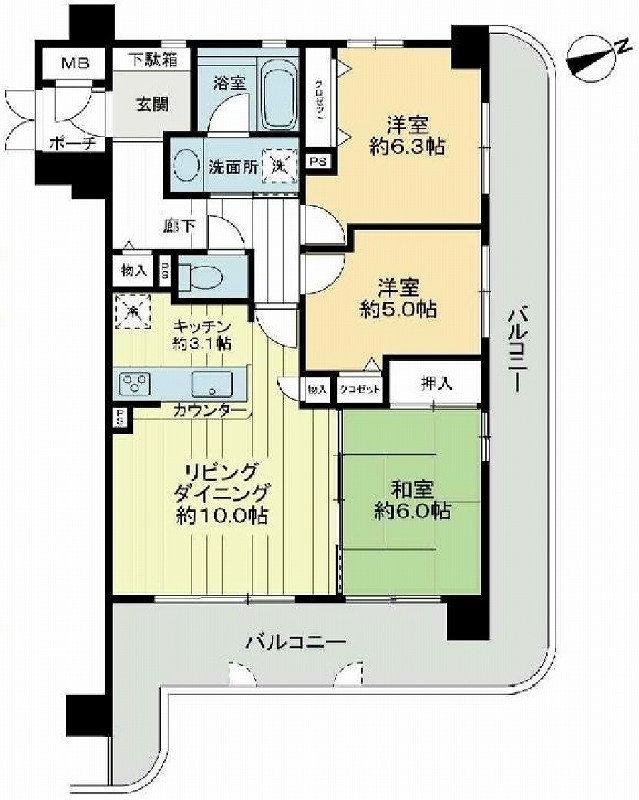 Floor plan. 3LDK, Price 15.2 million yen, Footprint 64.7 sq m , Balcony area 27.15 sq m northeast corner room. Ventilation is good because there is a window to the west. All room, It is facing the veranda.