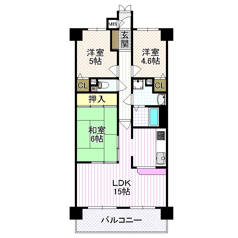 Floor plan. 3LDK, Price 12.8 million yen, Footprint 69 sq m , Balcony area 9.18 sq m
