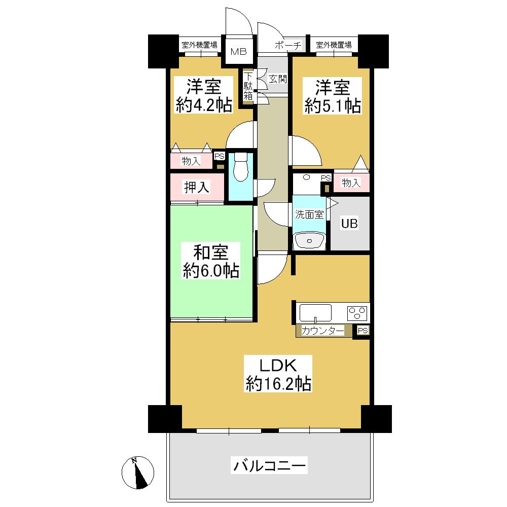 Floor plan. 3LDK, Price 12.8 million yen, Occupied area 66.62 sq m , Balcony area 12.2 sq m