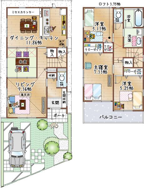 Other. <Model house ・ Mrs. counter to the floor plan> face-to-face kitchen, Storage and 3.75 Pledge with a loft which is provided in various places. In consideration to housework flow line, Wash ・ We place a bathroom on the second floor.