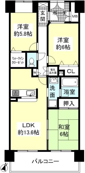 Floor plan. 3LDK, Price 18,980,000 yen, Occupied area 70.06 sq m , Balcony area 12.13 sq m living ・ Western style room ・ Balcony facing south! Good view per the top floor! Wide balcony charm