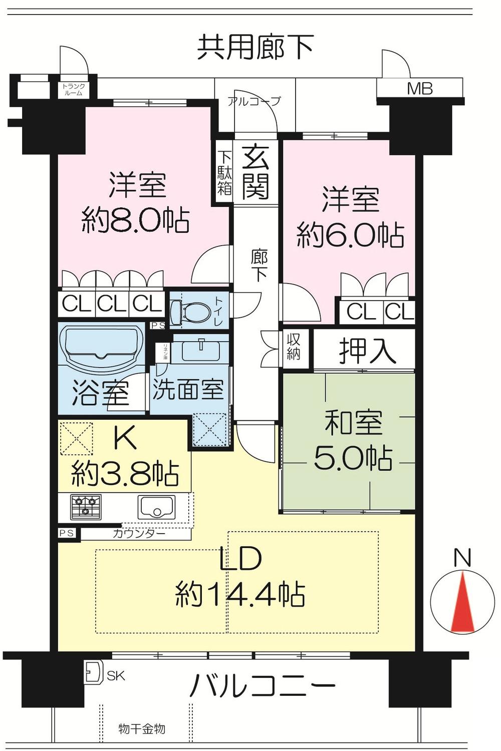 Floor plan. 3LDK, Price 22,900,000 yen, Occupied area 80.41 sq m , Balcony area 14.06 sq m