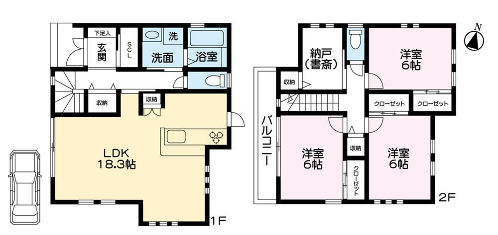 Building plan example (floor plan). Building plan example (I No. land model house) 3LDK + S, Land price 14,050,000 yen, Land area 100.31 sq m , Building price 18,440,000 yen, Building area 96.79 sq m