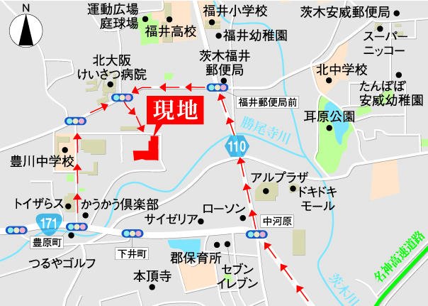 Local guide map. JR "Ibaraki" north Fudo 110 Route from the station, Turn left at the Fukui post office before crossing. Quiet Nishifukui area.