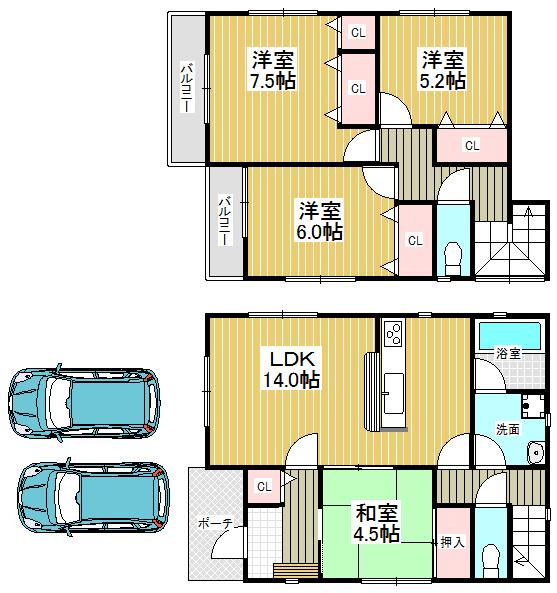 Floor plan. 22,800,000 yen, 4LDK, Land area 103.48 sq m , Building area 92.34 sq m car park is spacious two Allowed