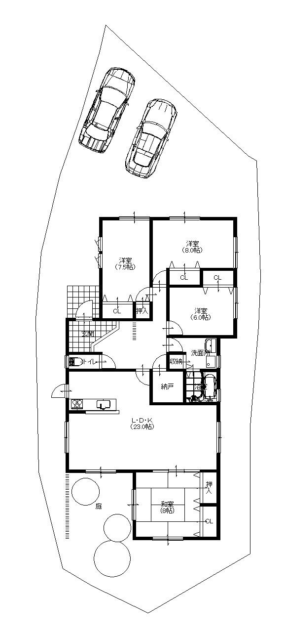 Compartment view + building plan example. Building plan example, Land price 12.8 million yen, Land area 253.81 sq m , Building price 21,756,000 yen, Building area 119.88 sq m one-story plan
