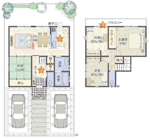 Building plan example (floor plan). Indoor photo of model house of which you can preview is. Everyone your family is comfortable and welcoming spacious LDK! Providing a blow-by, Stuck in the sense of openness and daylighting. We will be supported by the full force of the residence building your ideal! 