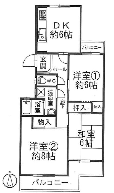 Floor plan. 3DK, Price 7.8 million yen, Occupied area 61.59 sq m , Balcony area 9.4 sq m