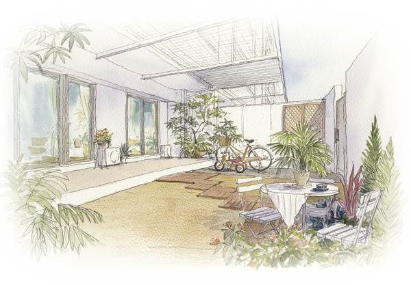 Room and equipment. First floor dwelling unit dedicated garden in (except for some), including bicycle parking space that put two bicycles provided. Gardening is also enjoy the open space (private garden Rendering Illustration)