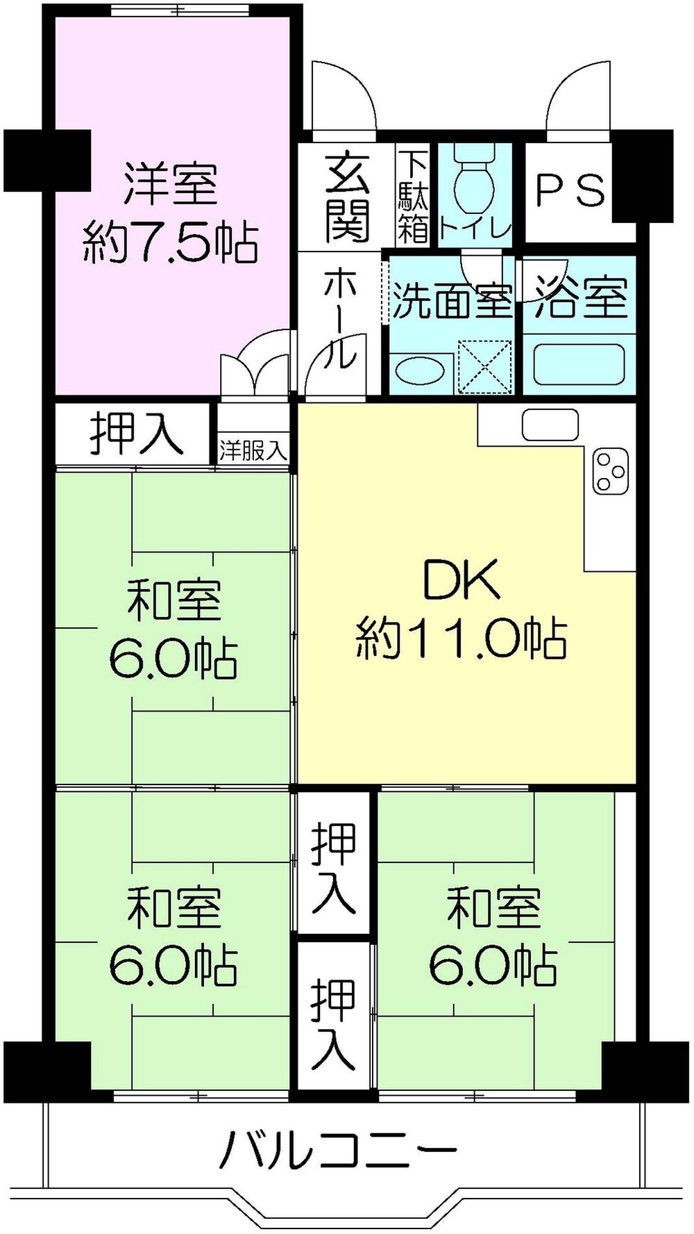 Floor plan. 4DK, Price 12.8 million yen, Occupied area 81.61 sq m , Balcony area 9.1 sq m