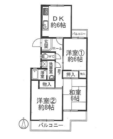 Floor plan. 3DK, Price 7.8 million yen, Occupied area 61.59 sq m , Balcony area 9.4 sq m
