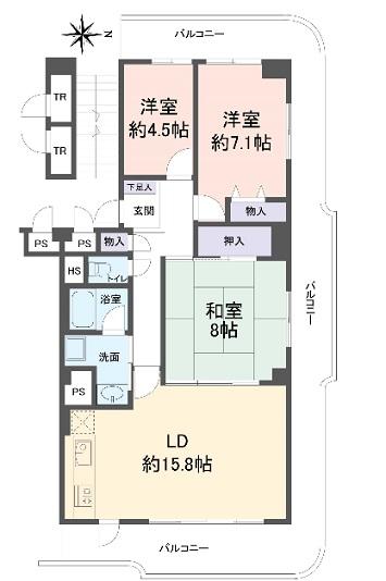 Floor plan. 3LDK, Price 12.8 million yen, Occupied area 76.33 sq m , Balcony area 14.97 sq m