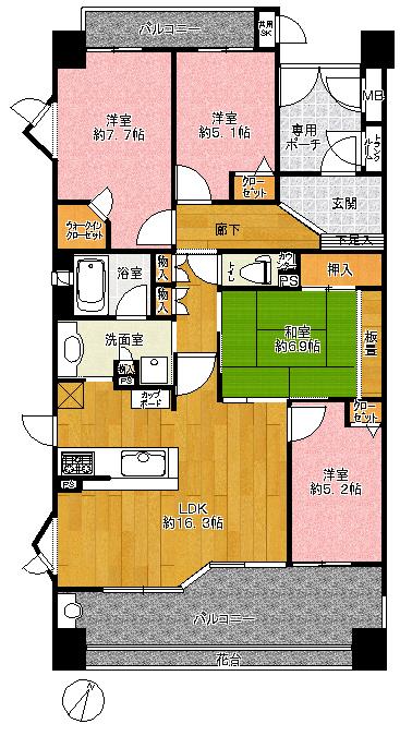 Floor plan. 4LDK, Price 27,800,000 yen, Footprint 95.2 sq m , Balcony area 21.96 sq m