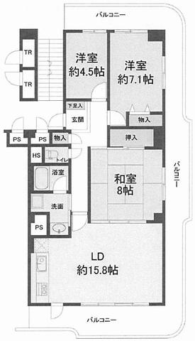 Floor plan. 3LDK, Price 12.8 million yen, Occupied area 81.09 sq m , Balcony area 33.72 sq m