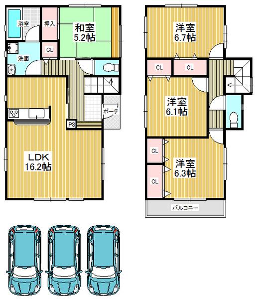 Floor plan. 27,900,000 yen, 4LDK, Land area 150.01 sq m , Building area 97.9 sq m very convenient parking space three possible even when the visitor!