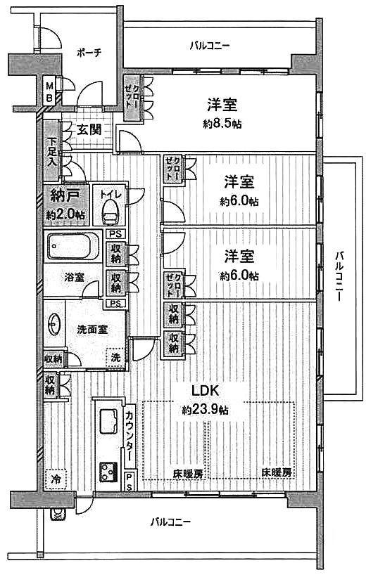 Floor plan. 3LDK, Price 26,800,000 yen, Footprint 102.54 sq m , Balcony area 31.2 sq m