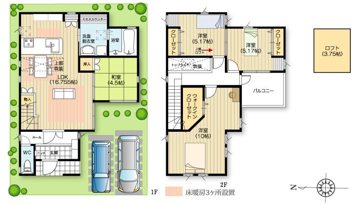 Other. <Floor plan / Model house (4LDK) plan> parking space two. Subjected to Fukinuki and top light in the dining top, Produce the brightness and airy space. It arranged the loft of 3.75 Pledge to 2 upstairs part, Storage capacity of fulfilling attractive.