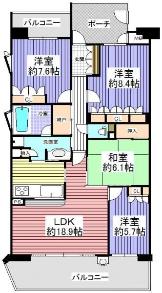 Floor plan. 4LDK+S, Price 26,300,000 yen, Footprint 102.51 sq m , Balcony area 21.56 sq m