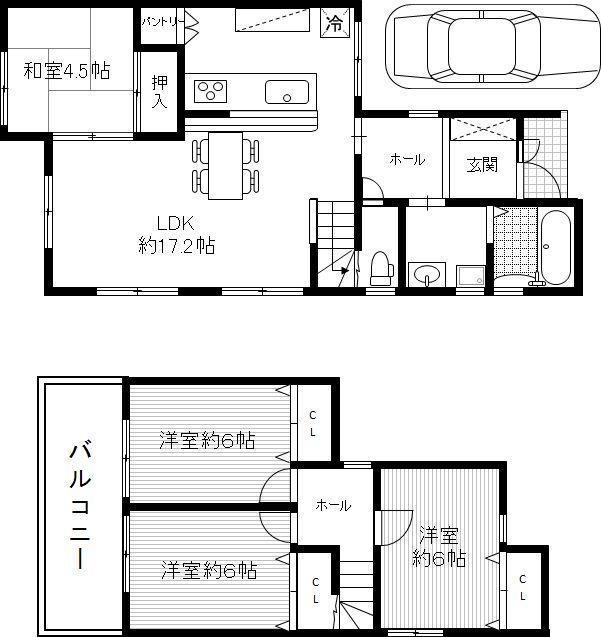 Compartment view + building plan example. Building plan example, Land price 19,748,000 yen, Land area 92.41 sq m , Building price 17,052,000 yen, Building area 93.98 sq m