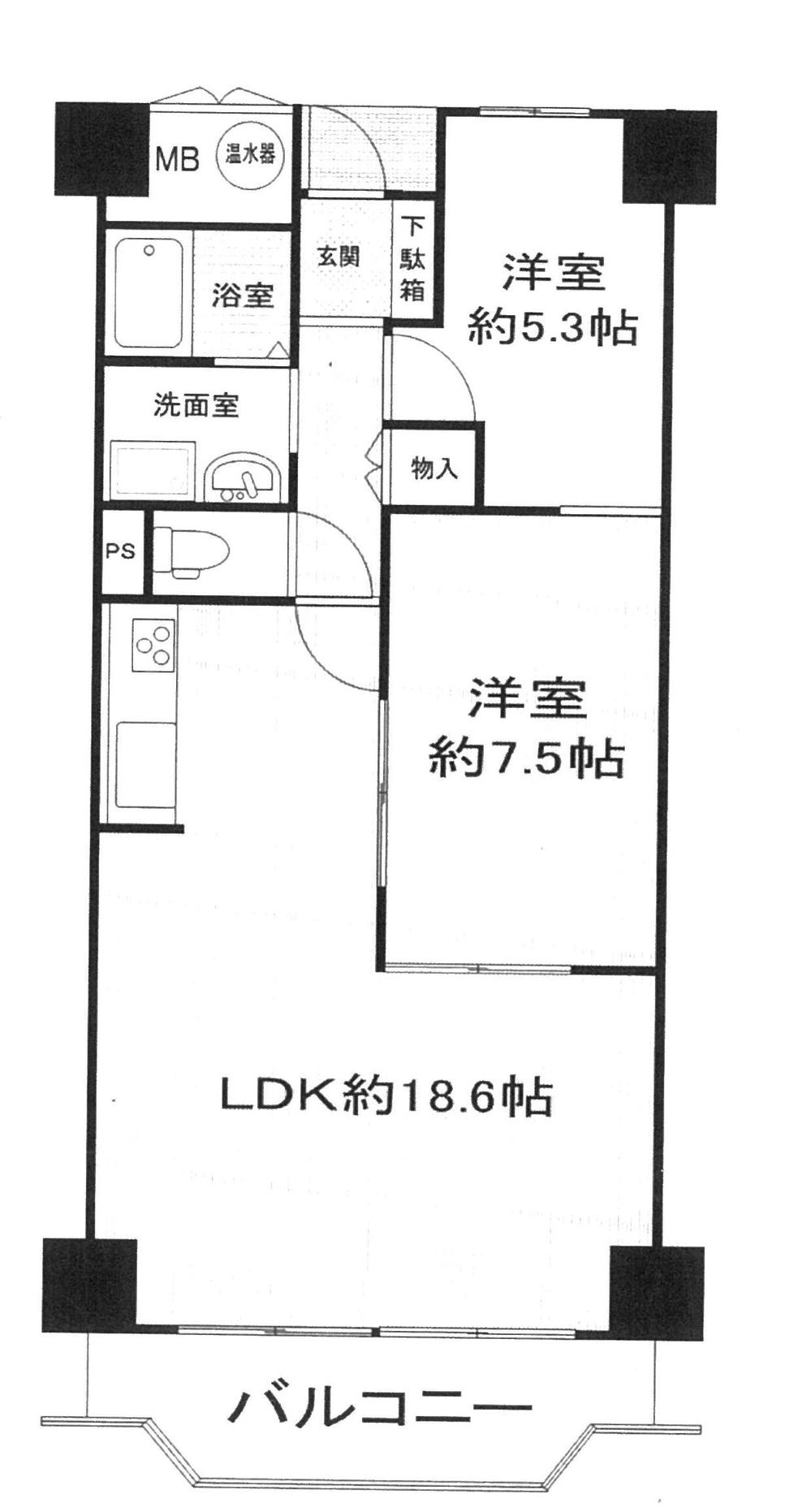 Floor plan. 2LDK, Price 11.5 million yen, Occupied area 66.22 sq m , Balcony area 7.65 sq m