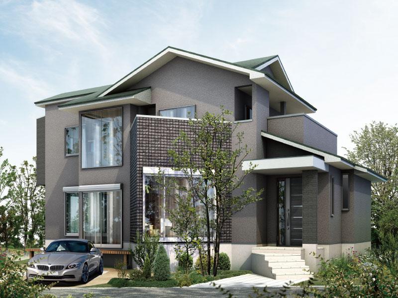 Building plan example (Perth ・ appearance). Create a complex skyline over and over again overlap roof. Show a dignified appearance to accent the outer wall with texture.