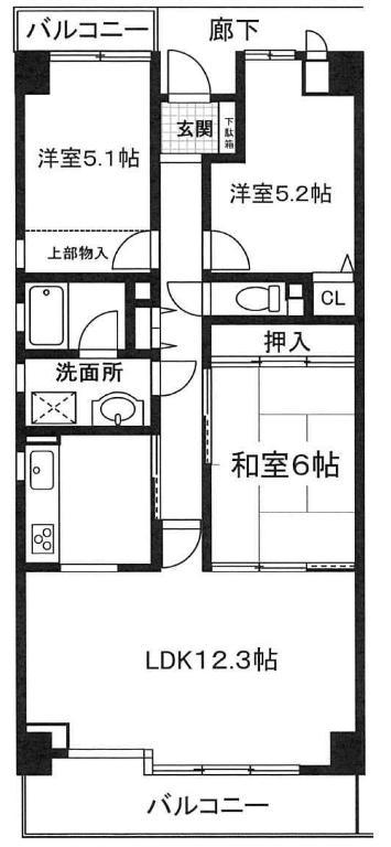 Floor plan. 3LDK, Price 18.5 million yen, Occupied area 72.34 sq m , Balcony area 11.04 sq m