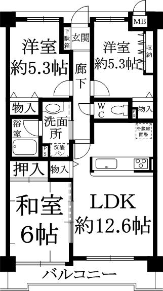 Floor plan. 3LDK, Price 19,800,000 yen, Occupied area 64.38 sq m , Balcony area 8.4 sq m