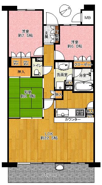 Floor plan. 3LDK, Price 22,800,000 yen, Occupied area 92.35 sq m , Balcony area 14.08 sq m