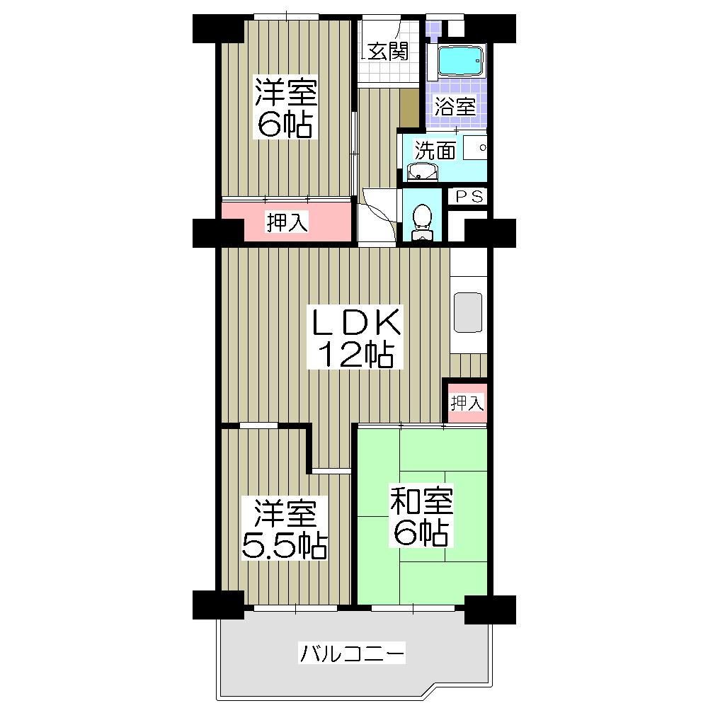 Floor plan. 3LDK, Price 9.6 million yen, Occupied area 66.55 sq m , Balcony area 8 sq m
