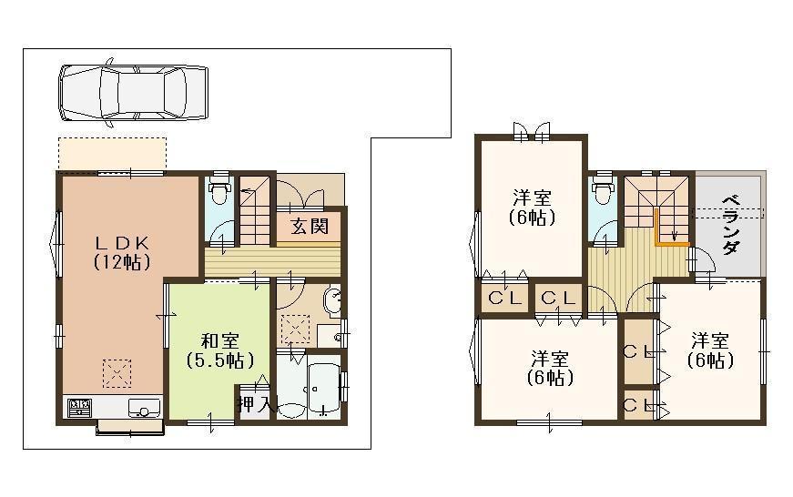 Compartment view + building plan example. Building plan example, Land price 22,630,000 yen, Land area 90.16 sq m , Building price 16,520,000 yen, Building area 86.67 sq m