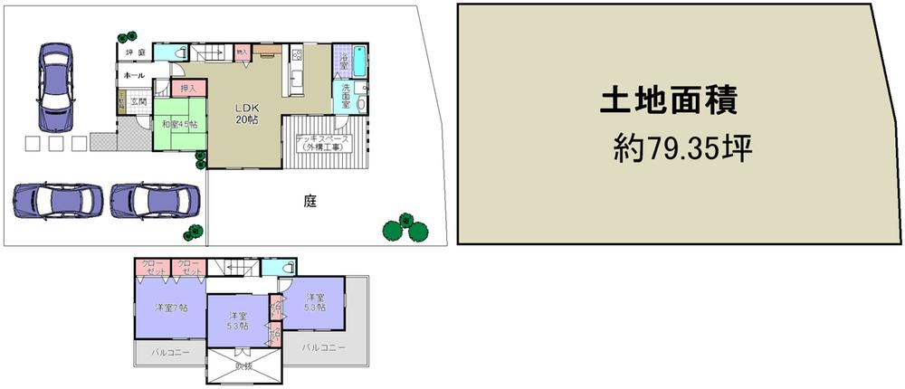 Compartment view + building plan example. Building plan example, Land price 18 million yen, Land area 262.34 sq m , Building price 18,640,000 yen, Building area 102.76 sq m land about 79.35 square meters