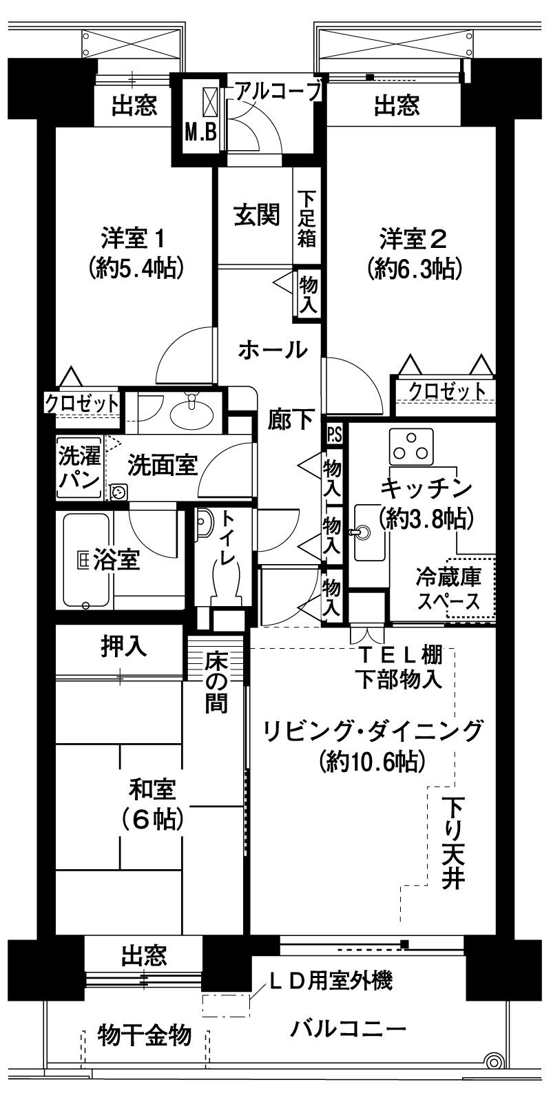 Floor plan. 3LDK, Price 26,800,000 yen, Occupied area 74.39 sq m , Cooking space spacious balcony area 12.22 sq m ● U-shaped kitchen. ● each room closets and hallways material input, such as, Storage enhancement. ● The Japanese with "alcove".