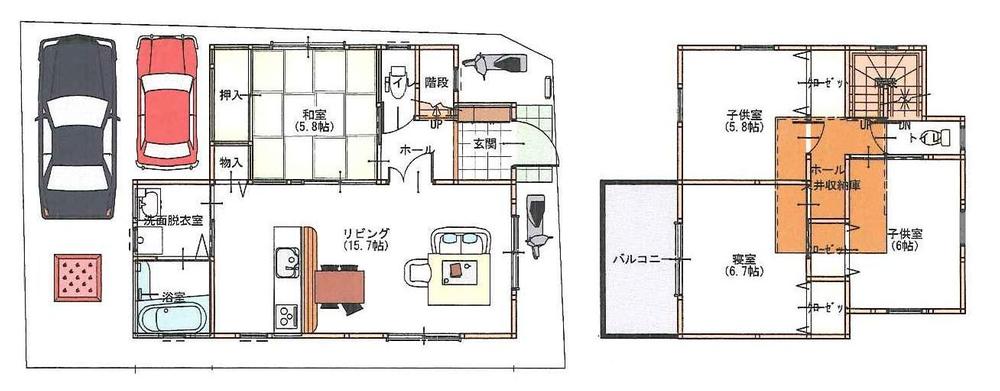 Compartment view + building plan example. Building plan example, Land price 25,500,000 yen, Land area 100.5 sq m , Building price 17,860,000 yen, Building area 93.72 sq m