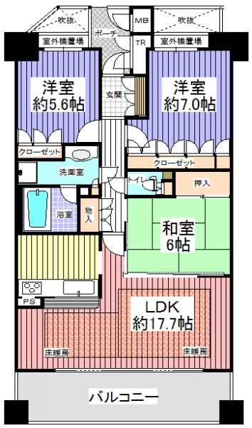 Floor plan. 3LDK, Price 33 million yen, Occupied area 79.88 sq m , There is a balcony area 14.06 sq m accommodated in each room and hallway