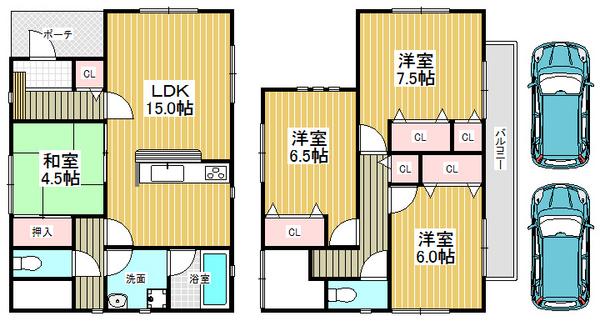 Floor plan. 23.8 million yen, 4LDK, Land area 104.03 sq m , Building area 97.2 sq m spacious two PARKING